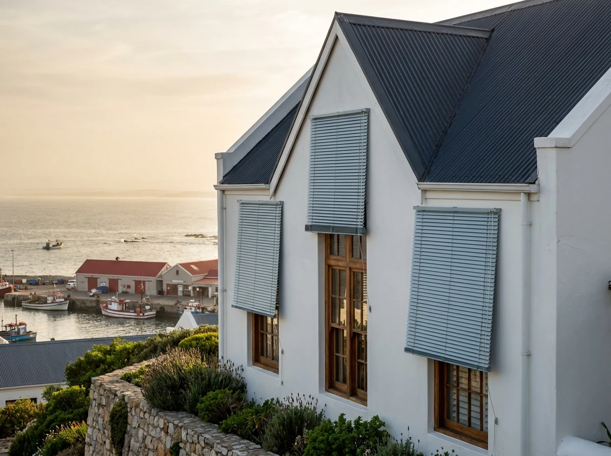 External sea-spray-toned aluminium venetian blinds mounted outside tall windows on a heritage-style facade near Hermanus's Old Harbour
