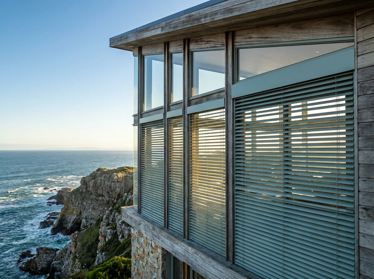 Motorised external aluminium venetian blinds in a sea-spray tone closed at an angle across tall glass windows on a Voëlklip, Hermanus cliff-top facade, ocean beyond