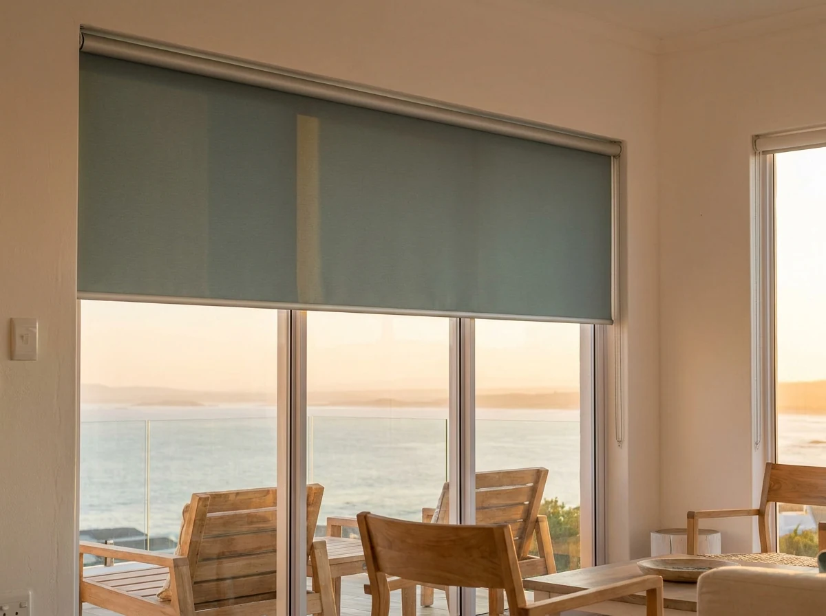 Sea-spray grey-teal sunscreen roller blind lowered halfway across a window in a Voëlklip, Hermanus cliff-top lounge