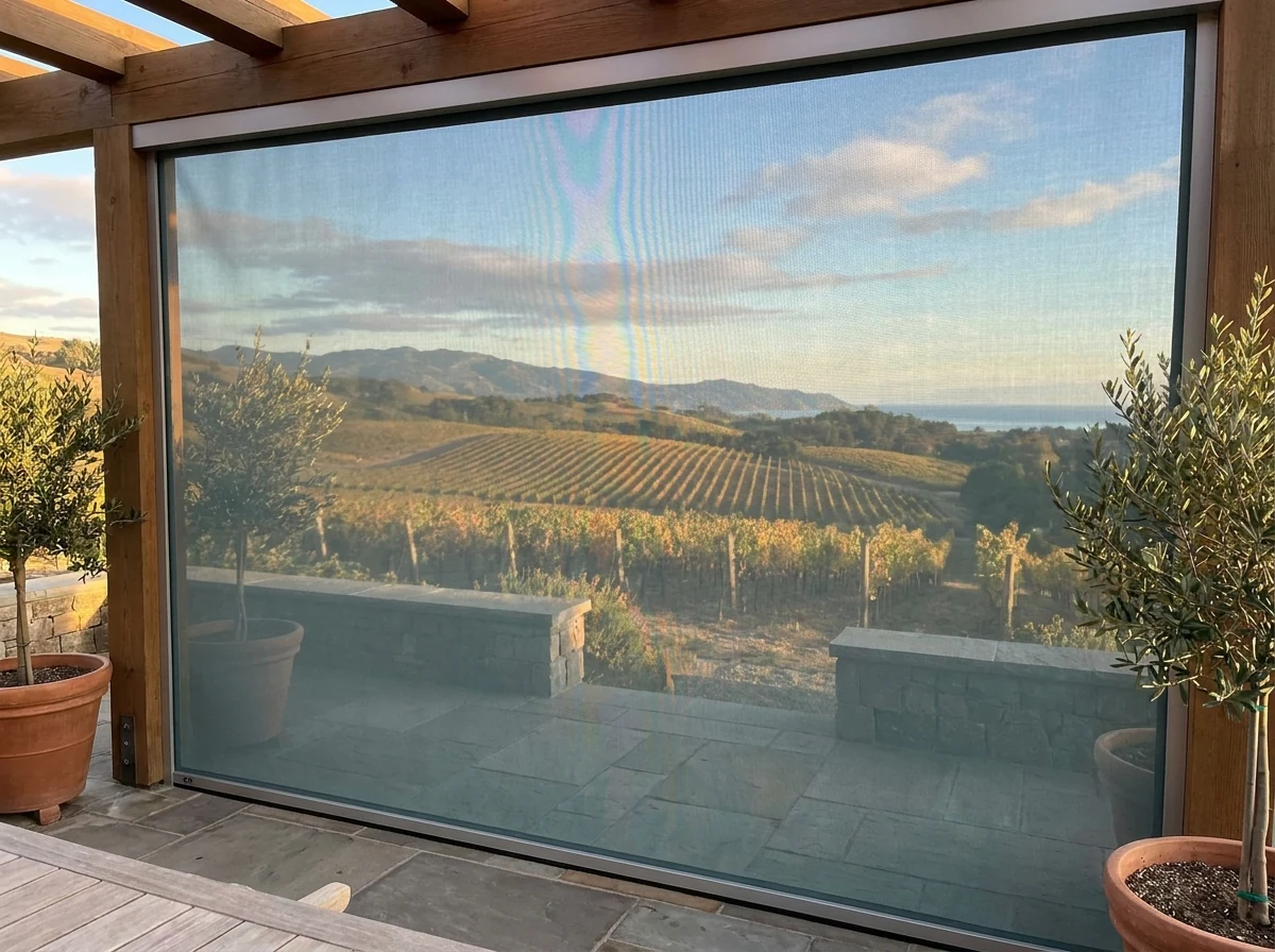 Sea-spray grey-teal zip-track outdoor screen lowered in aluminium side channels enclosing a pergola patio on Hemel-en-Aarde Ridge near Hermanus, vineyard visible through the mesh